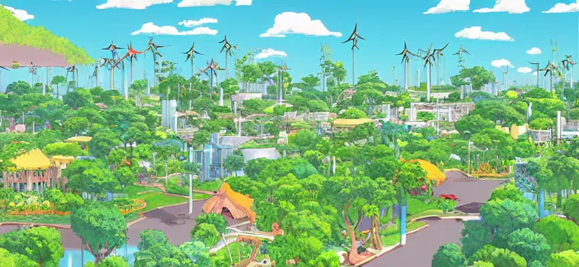 Image similar to utopian city in perfect harmony with nature, clean energy and food abundance, beautifully landscaped and tropical a digital illustration by studio ghibli