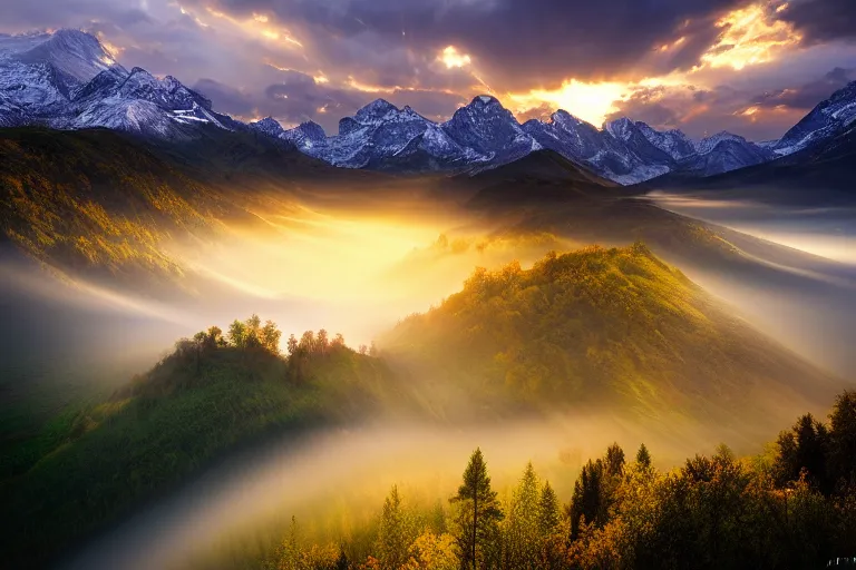 Image similar to landscape photography of fundatura ponorului by marc adamus, morning, mist, rays of light, beautiful