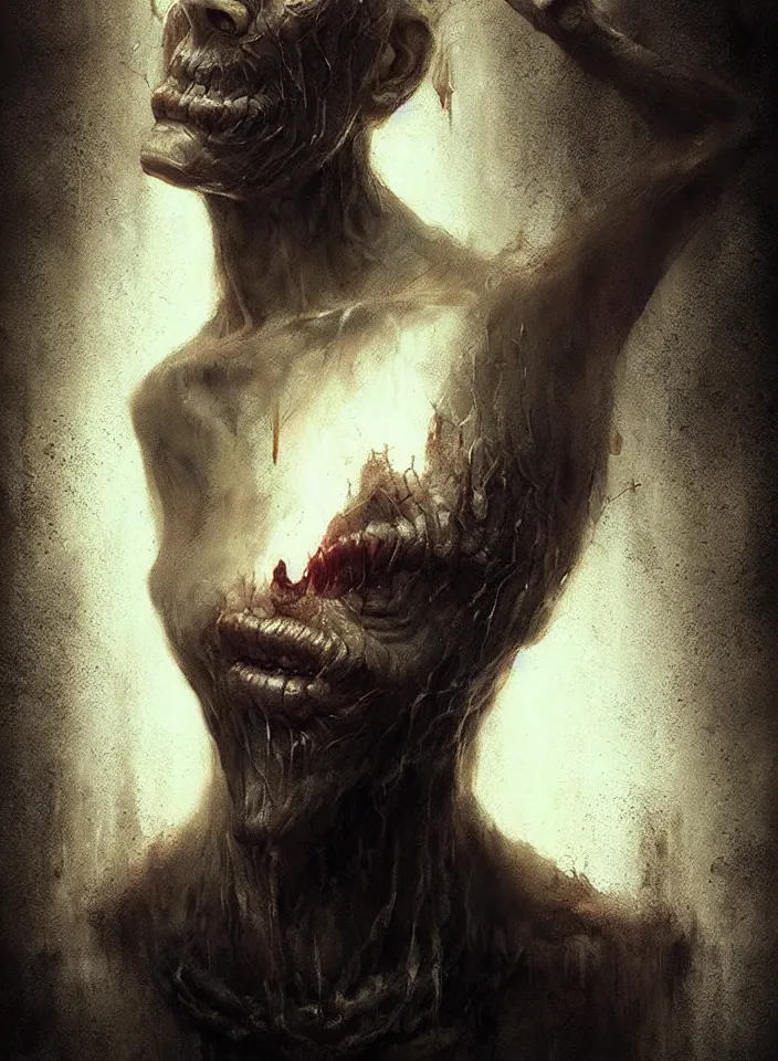 Image similar to a face portrait of a creature invoking fear, art by greg rutkowski, silent hill, horror setting, dark lighting, matte painting, trending on artstation, very detailed