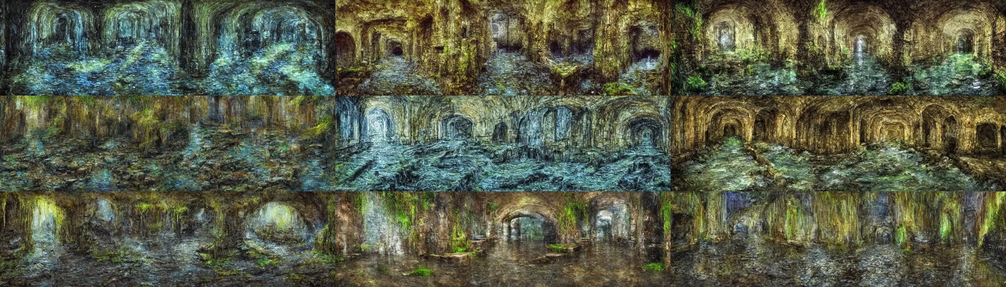 Prompt: flowing water inside the ancient flooded stone sewers. fantasy art, underground, adventure, wet, standing water, channel, canal, muck, mud, stagnant water, stream, channel, musty, moss, sewage, darkness, underground, catacombs, abandoned spaces, torchlight. impressionist.