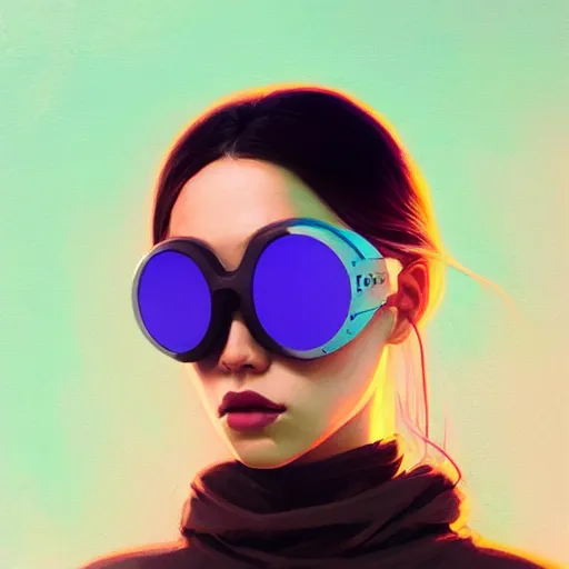 Image similar to beautiful woman wearing opaque reflective goggles profile picture by greg rutkowski, dynamic pose, brown skin, long locs hair, asymmetrical, futuristic, pastel neon colors, streetwear, studio ghibli, organic painting, matte painting, geometric shapes, hard edges, street art, trending on artstation, fantasy lut, realistic by sachin teng,