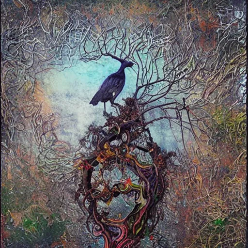 Image similar to by tibor nagy harrowing, haunting lovecraftian. a beautiful installation art of a bird in its natural habitat. the bird is shown in great detail, with its colorful plumage & intricate patterns. the background is a simple but detailed landscape, with trees, bushes, & a river.