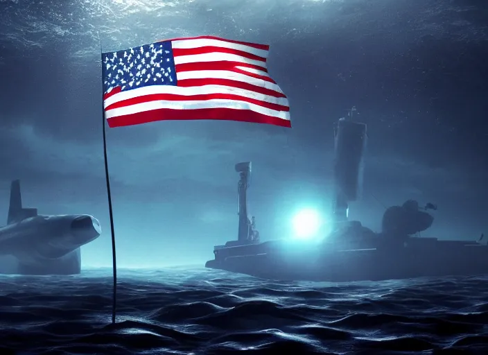 Image similar to astronaut holding a flag in an underwater desert. a submarine is visible in the distance. dark, concept art, cinematic, dramatic, atmospheric, 8 k, trending on artstation, blue, fish, low visibility, fog, ocean floor, christopher nolan, interstellar