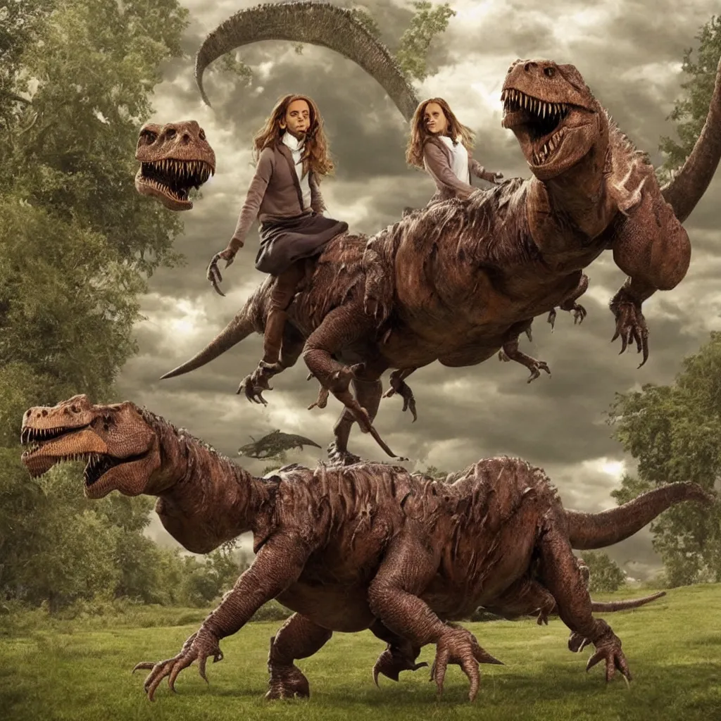 Image similar to hermione granger riding a t - rex