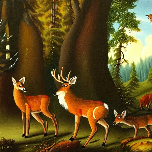 Image similar to a deer king wearing a crown in a forest clearing. a fox, bear and wolf are bowing before the deer. oil painting.