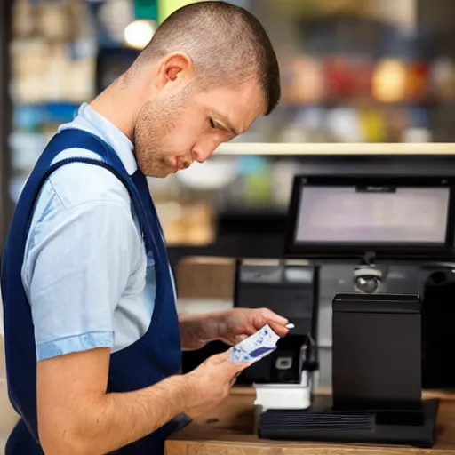 Prompt: sad man paying his last dollar at a cash register photorealistic award winning