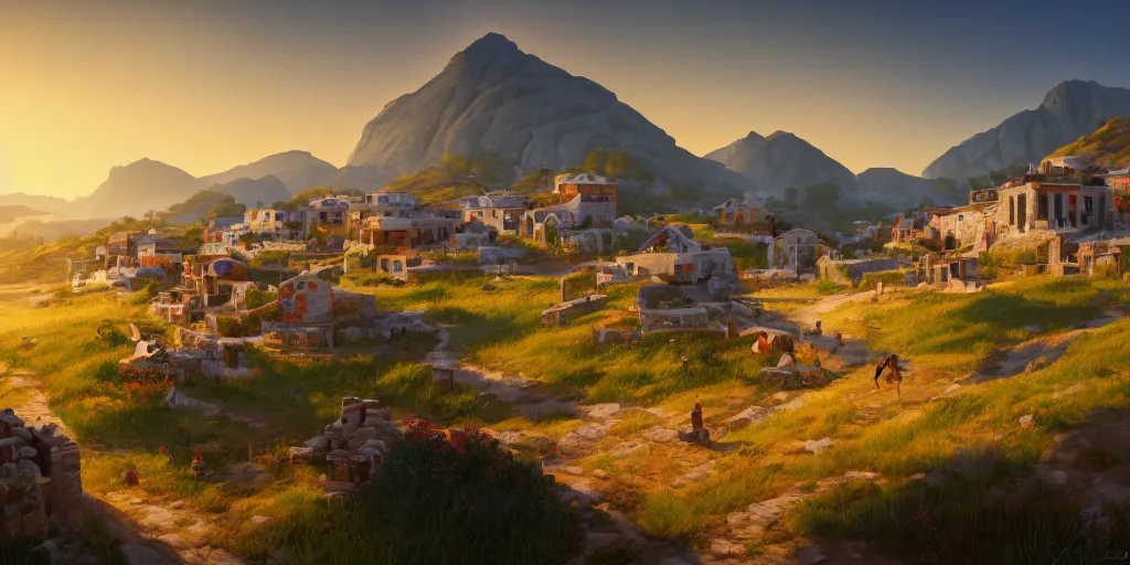 Image similar to Lively sunny landscape of a greek village realistic detailed digital art by Maxwell Boas Jessica Rossier Christian Dimitrov Anton Fadeev trending on Artstation CGSociety rendered in Unreal Engine 4k HQ