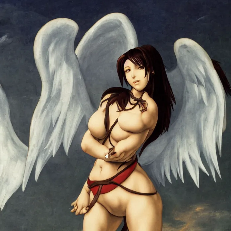 Image similar to Tifa Lockheart as an angel descending from heaven painted by Michelangelo