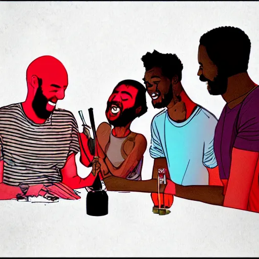 Image similar to a bill. a bong. a group of friends. enjoying themselves and laughing it up. sun set. red accents. illustration. inspired by routine.