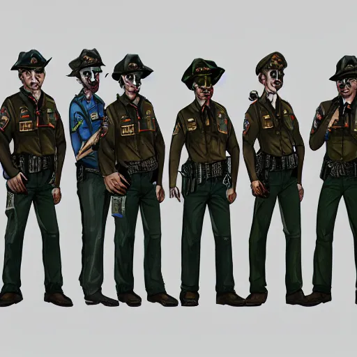 Prompt: zombie sheriffs officers khakis uniform and caps in brutalist concrete office trending on artstation high detail digital painting 4 k 8 k hd