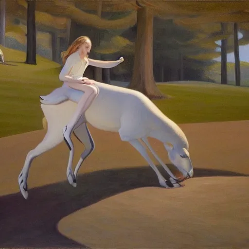Image similar to Painting of Elle Fanning riding a white deer through the void, by Edward Hopper. 8K. Extremely detailed.