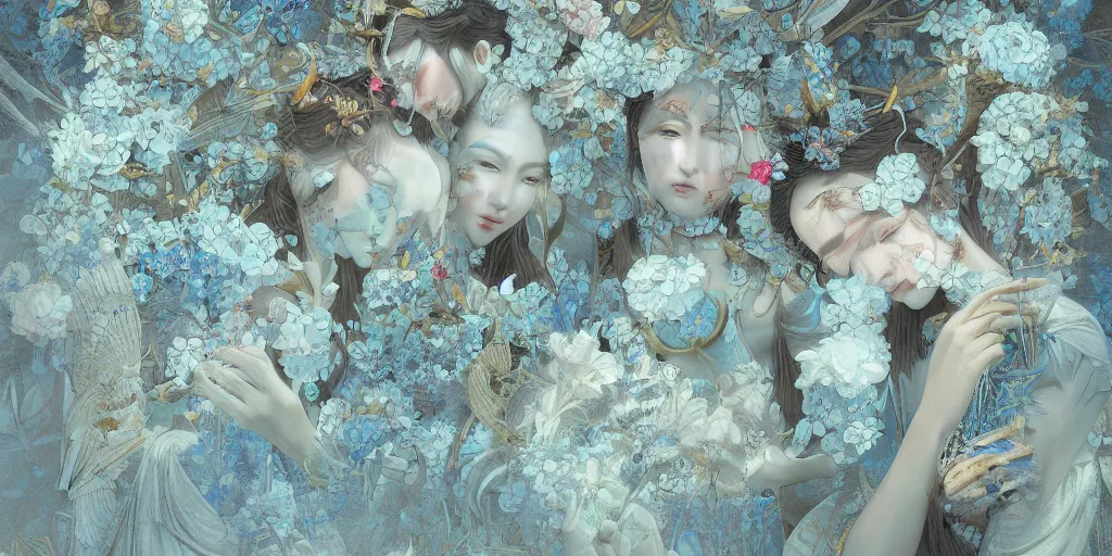 Image similar to breathtaking detailed concept art painting art deco pattern of faces goddesses amalmation light - blue flowers with anxious piercing eyes and blend of flowers and birds, by hsiao - ron cheng and john james audubon, bizarre compositions, exquisite detail, extremely moody lighting, 8 k