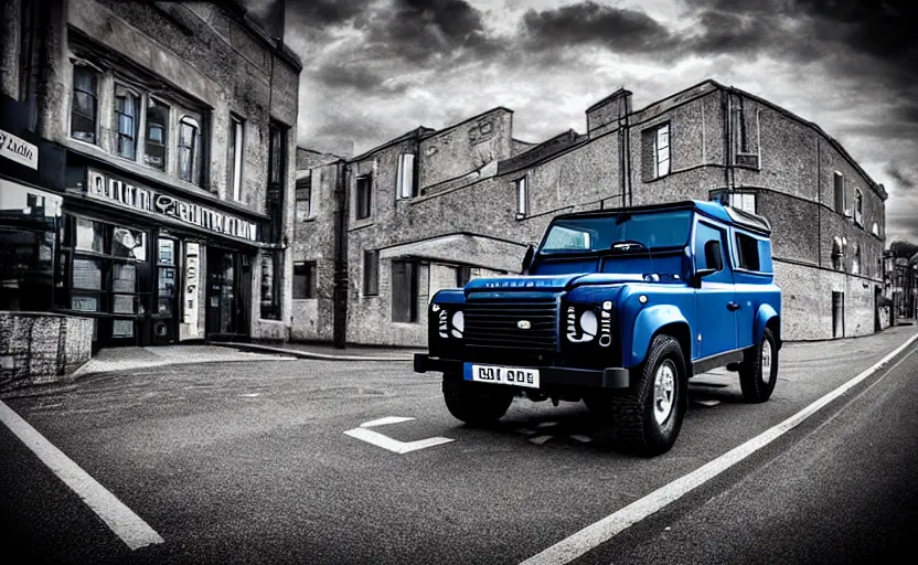 Prompt: “Blue Land Rover Defender driving fast in Porvoo city. Motion blur, high detail, zoomed in, fish eye lense. Artstation. Cinematic lighting.”