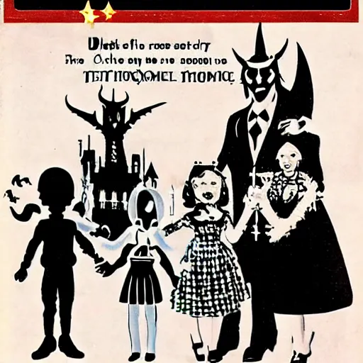 Image similar to Satanic States of America, alternate history, 1950s family, goth family, suburbia, Stepford home, occult symbols, sitcom screenshot