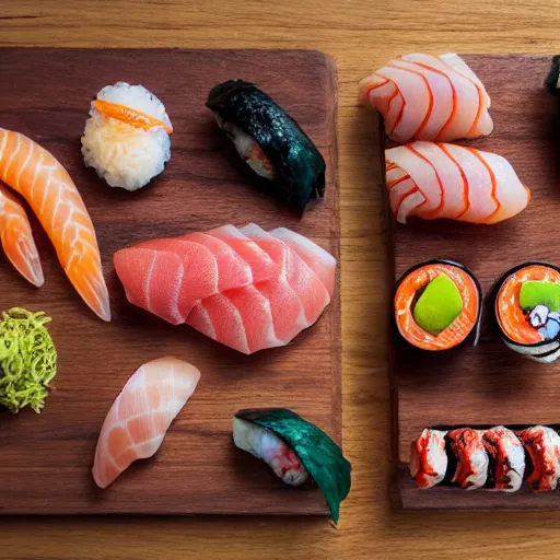 Prompt: various nigiri on a wooden board, sushi galore, food photography in the style of Beksinski