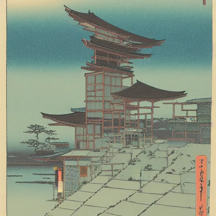 Prompt: a building in a serene landscape, ukiyoe