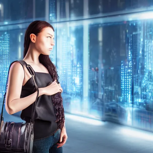 Image similar to a girl wearing a handbag from the future, cyberpunk background, highly detailed, epic lighting, 8 k