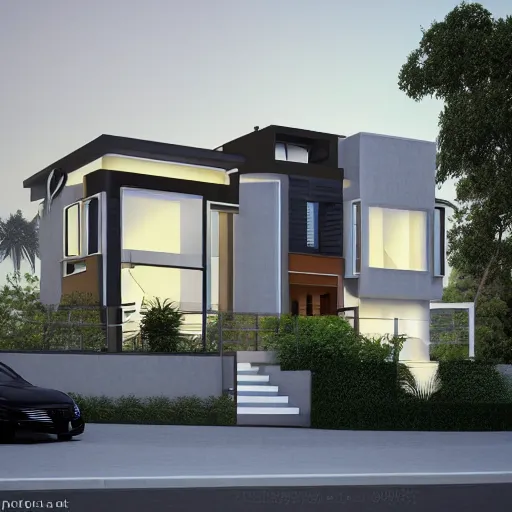 Prompt: elevation of a modern luxurious villa in a rich urban area, photorealist, 4 k