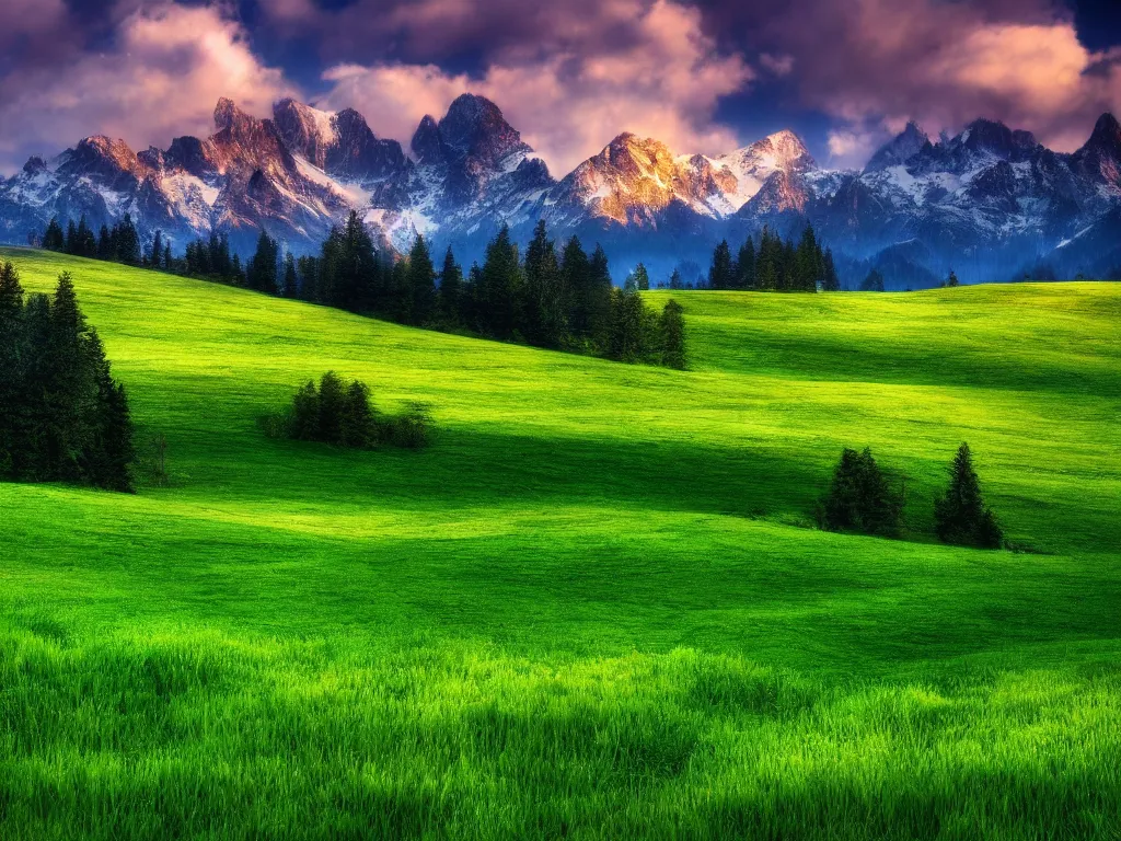 Prompt: windows bliss wallpaper, green field, hdr, 4 k, 8 k, professional photograph, color corrected, sharp focus, mountains in background, by marc adamus