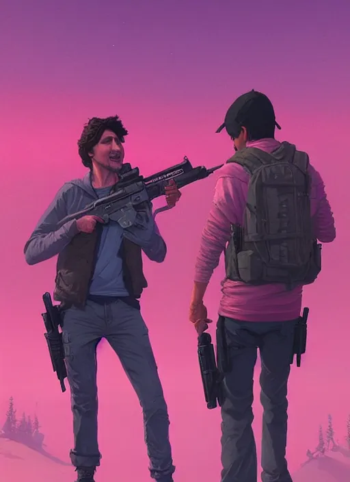 Image similar to highly detailed portrait justin trudeau in pink hoody holding ar - 1 5! in gta v stephen bliss unreal engine fantasy art by greg rutkowski loish rhads ferdinand knab makoto shinkai lois van baarle ilya kuvshinov rossdraws tom bagshaw global illumination radiant light detailed intricate environment