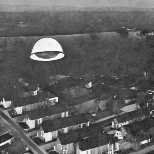 Prompt: UFO over suburban houses, grainy 1950s newspaper photo