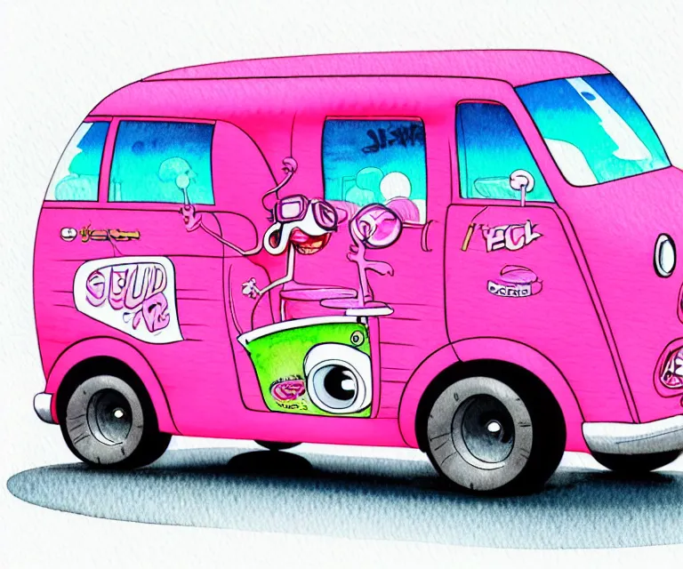 Image similar to cute and funny, pink colored squid wearing goggles riding in a tiny hot rod van with oversized engine, ratfink style by ed roth, centered award winning watercolor pen illustration, isometric illustration by chihiro iwasaki, edited by range murata, tiny details by artgerm and watercolor girl, symmetrically isometrically centered