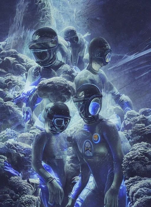 Image similar to astronauts divers in dark void underwater - complex and hyperdetailed technical suit design. reflection and dispersion materials. rays and dispersion of light. volumetric light. f / 3 2. noise film photo. flash photography. ultra realistic, 5 0 mm. poster by wayne barlowe, hajime sorayama aaron horkey, craig mullins