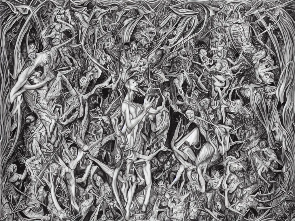 Image similar to transformation through death by Alex Grey and M. C. Escher collaboration