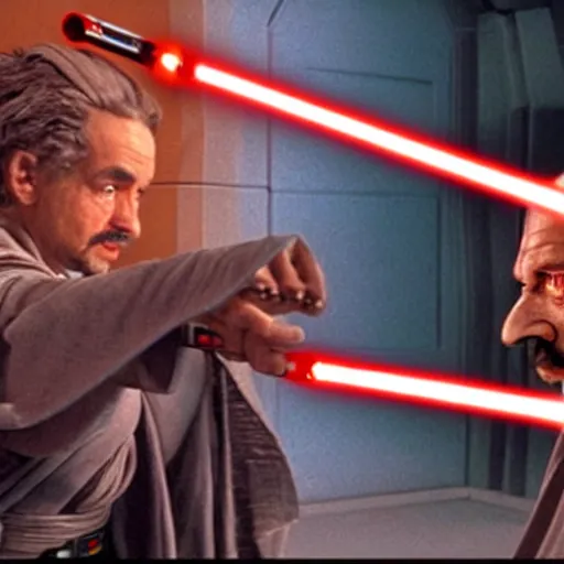 Prompt: a still from star wars : the phantom menace, showing albert einstein!!! as a jedi, having a lightsaber duel with darth maul