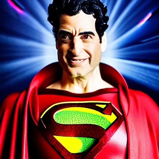 Image similar to uhd candid photo of cosmic seinfeld as superman, glowing, global illumination, studio lighting, radiant light, hyperdetailed, correct faces, elaborate intricate details. photo by annie leibowitz