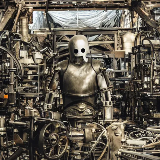 Image similar to a ghost surrounded in mechanical devices and metal sheets