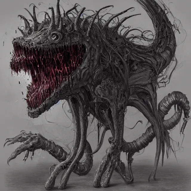 Image similar to concept art of a impossiblely big demonic eldritch garfield with mismatched animal features with its bloody mouth open wide revealing too many teath in the style of zdzisław beksinski in the style of h. r. giger trending on artstation deviantart pinterest furaffinity detailed realistic hd 8 k high resolution