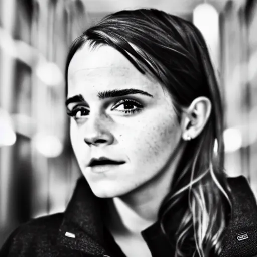 Image similar to photo, close up, emma watson in warehouse, dim light, low light, fog, android cameraphone, snapchat story screenshot, 2 6 mm,