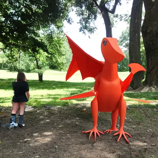 Image similar to pterodactyl hanging out with people in a park