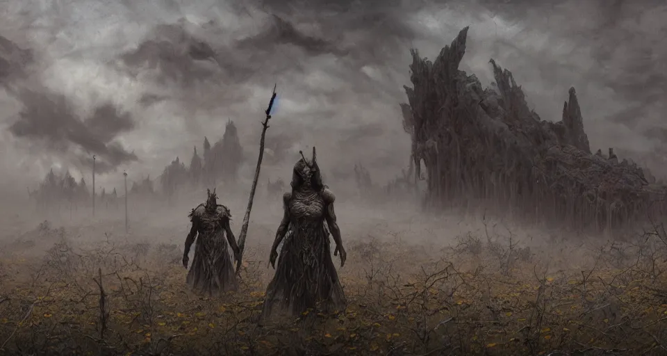 Prompt: lamasu prowling on the abandoned wasteland, wide shot, epic, dark fantasy, beksinski, wayne barlowe, warhammer fantasy art, lord of the ring art, dark soul concept art