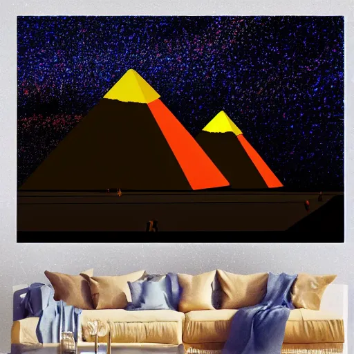 Image similar to pyramids of giza at night, neon lit