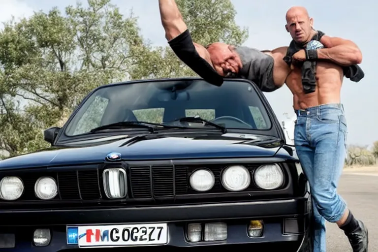 Image similar to Angry Jason Statham lifts BMW e30 that sits above him