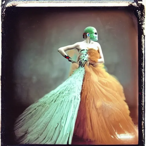 Image similar to damaged kodak portra 4 0 0, wetplate, photo of a surreal artsy dream scene,, very beautiful model, weird fashion, grotesque, extravagant dress, strange pose, carneval, with an animal, wtf, photographed by paolo roversi style