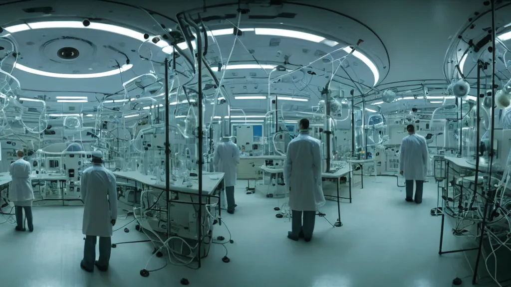 Image similar to a huge octoidal mri machine and control panels in the laboratory inspection room, film still from the movie directed by denis villeneuve with art direction by salvador dali, wide lens