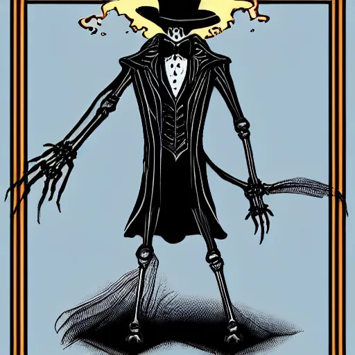 Image similar to DND character, skeleton, Tall skeletal figure, wearing a deep black suit and tie and top hat. golden cane in his right. Light blue flames envelop his whole body
