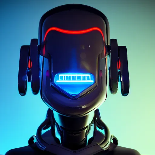 Prompt: portrait of a faceless robot,, neon highlights, dark, blue glowing background lighting, hyper detailed, science fiction, 4 k octane render