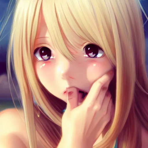 Image similar to a very beautiful young anime giantess fcrying, full body, long wavy blond hair, sky blue eyes, full round face,, bikini, miniskirt, front view, mid - shot, highly detailed, cinematic wallpaper by stanley artgerm lau