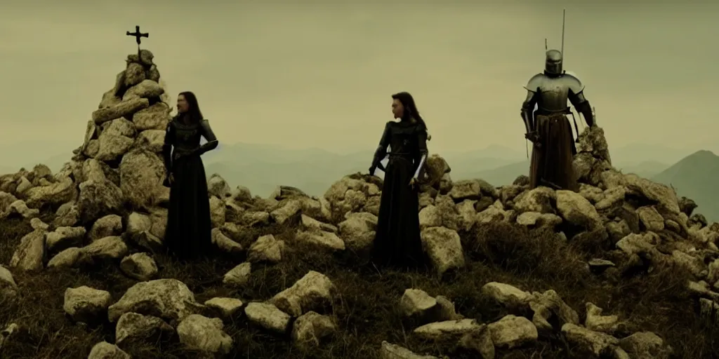 Image similar to film still of woman on a throne and knight standing below on a knee, on a mountain of dead knights by emmanuel lubezki