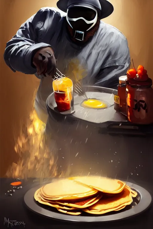 Prompt: mf doom as cooking pancakes animation pixar style, cooking show, by magali villeneuve, artgerm, jeremy lipkin and michael garmash, rob rey and kentaro miura style, trending on art station