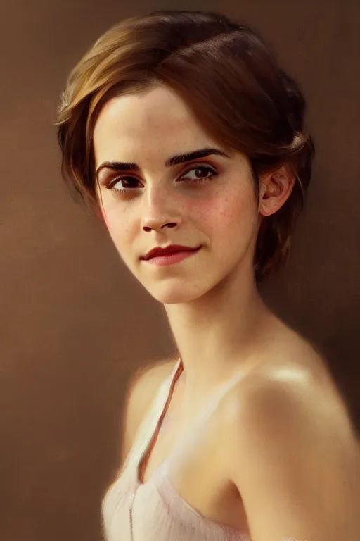 Prompt: emma watson smiling gathered faille v - neck detailed portrait painting by gaston bussiere craig mullins j. c. leyendecker photograph photorealsitic octane render