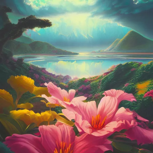 Image similar to retro painting of surreal waiizi flowers, by ross tran, highly detailed, hyperrealism, excellent composition, cinematic concept art, dramatic lighting, trending on artstation