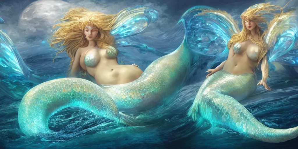 Prompt: concept art of translucent glowing curvy mermaid dancing, big booty, flowy, melting, round moon, swirly clouds, very detailed, volumetric light, mist, fine art, textured oil over canvas, dragons, epic fantasy art, very colorful, ornate intricate scales, gold skulls, fractal gems, 8 k, hyper realistic, high contrast