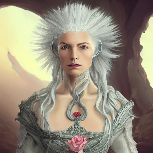 Prompt: a woman with immensely glowing white hair and rose medieval armor, meditating in tranquility as [ her hair flows ]!!, surrealism art, trending on artstation, portrait!!, intricately detailed