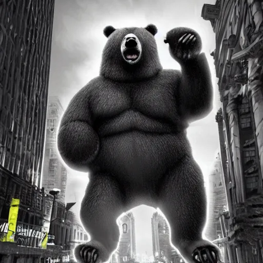 Image similar to a giant angry bear with arms raised attacking the city, photomanipulation, photoshop, digital art