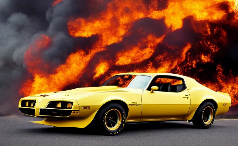 Image similar to a black and gold 1 9 7 3 pontiac firebird trans am sd - 4 5 5 driving high speed, fire explosion in the background, action scen. realistic. high resolution. dramatic